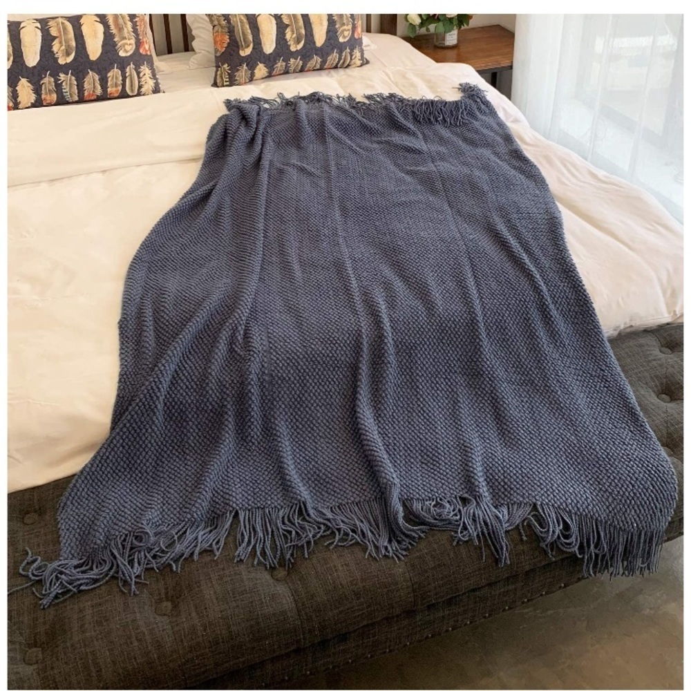 Grey Chic Minimalist Farmhouse Boho Throw Fringe Blanket for Patio/Living Room - Picture 5 of 16